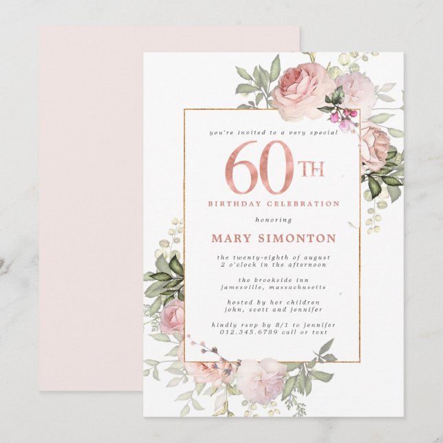 Blush Pink Gold Floral 60th Birthday Party Invitation (Front/Back)