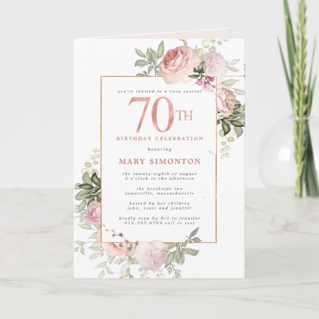 Blush Pink Gold Floral 70th Birthday Party Invitation (Front)
