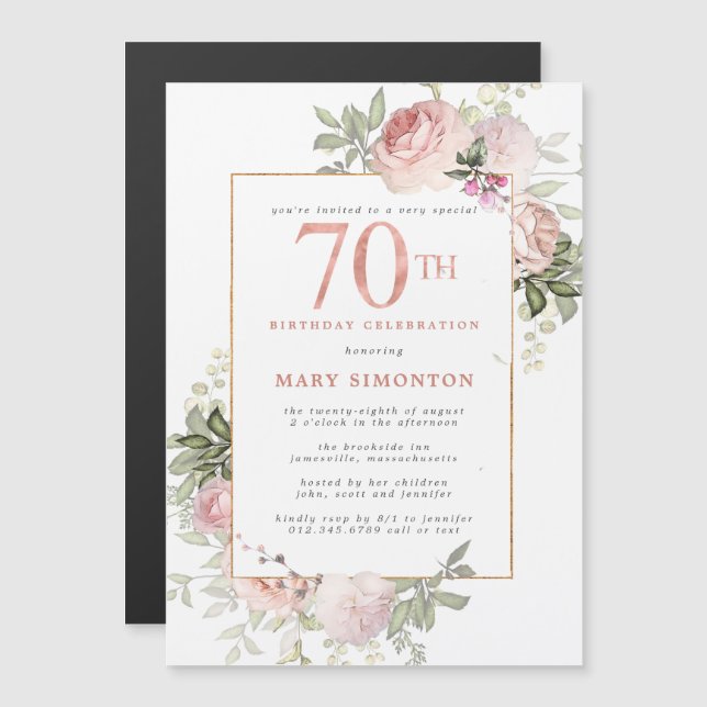 Blush Pink Gold Floral 70th Birthday Party Magnetic Invitation (Front/Back)