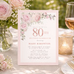Blush Pink Gold Floral 80th Birthday Party Invitation<br><div class="desc">Honour a special woman with this elegant and feminine 80th Birthday party invitation. 80th is written in large pink text. Birthday celebration follows. The honoured guest's name is also in pink capital letters. Blush pink roses and sage green leaves create a beautiful floral spray at the top. While it is...</div>