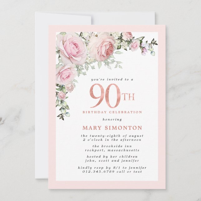 Blush Pink Gold Floral 90th Birthday Party Invitat Invitation (Front)