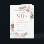 Blush Pink Gold Floral 90th Birthday Party Invitation<br><div class="desc">Honour a special woman with this elegant and feminine 90th Birthday folded party invitation. 90th is written in large pink text. Birthday celebration follows. The honoured guest's name is also in pink capital letters. The remainder of the text is soft dove grey. The birthday celebration details are surrounded by a...</div>