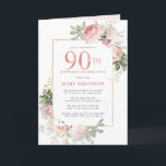 Blush Pink Gold Floral 90th Birthday Party Invitation<br><div class="desc">Honour a special woman with this elegant and feminine 90th Birthday folded party invitation. 90th is written in large pink text. Birthday celebration follows. The honoured guest's name is also in pink capital letters. The remainder of the text is soft dove grey. The birthday celebration details are surrounded by a...</div>
