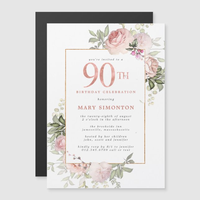 Blush Pink Gold Floral 90th Birthday Party Magnetic Invitation (Front/Back)