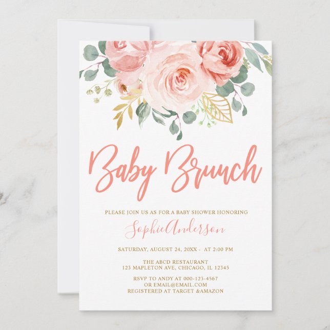 Blush Pink Gold Floral Baby Brunch Baby Shower Invitation (Front)