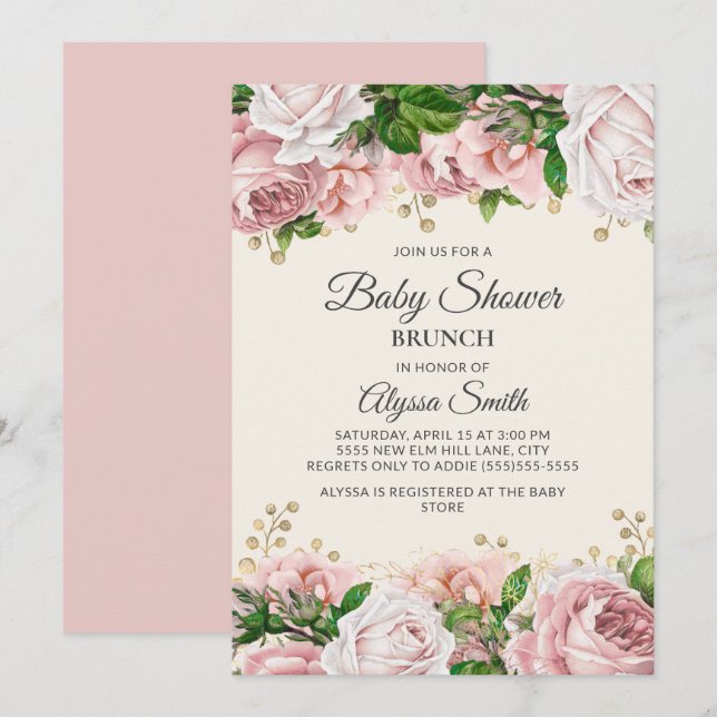 Blush Pink Gold Floral Baby Shower Brunch Invitation (Front/Back)