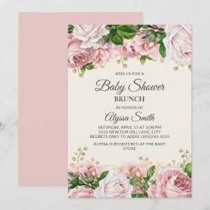 Blush Pink Gold Floral Baby Shower Brunch Invitation