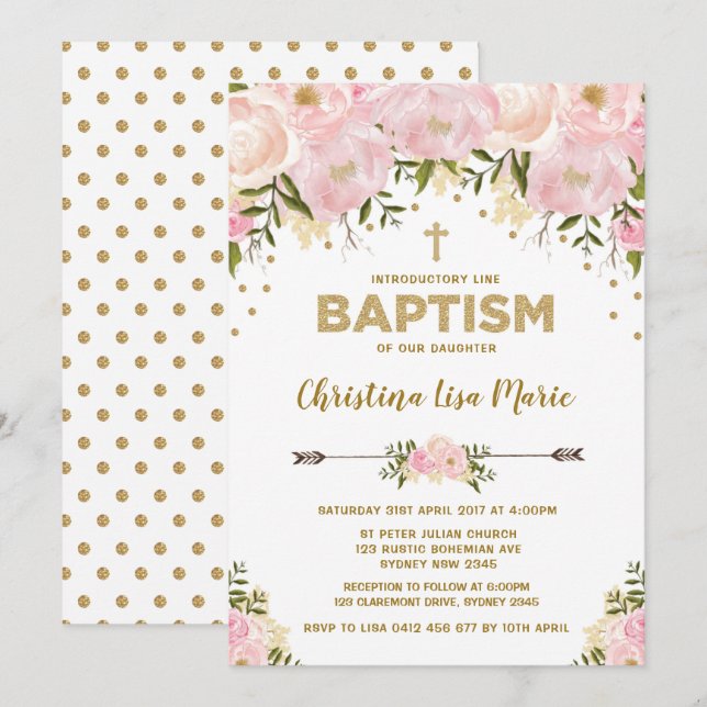 Blush Pink & Gold Floral Baptism Invitation (Front/Back)