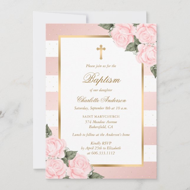 Blush Pink Gold Floral Baptism Invitation (Front)