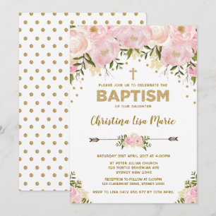 Blush Pink & Gold Floral Baptism Invitation