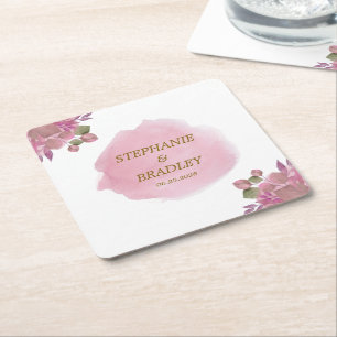 Blush Pink Gold Floral Botanical Elegant Wedding Square Paper Coaster