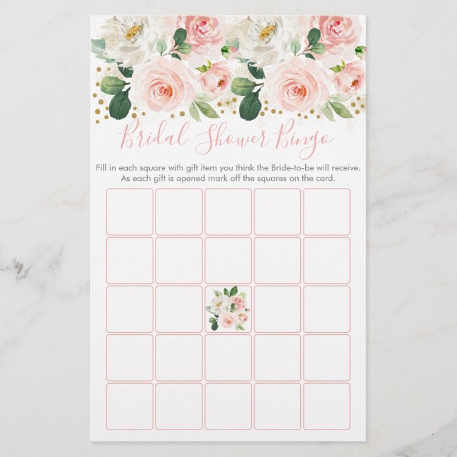 Blush Pink Gold Floral Bridal Shower Bingo Game (Front)