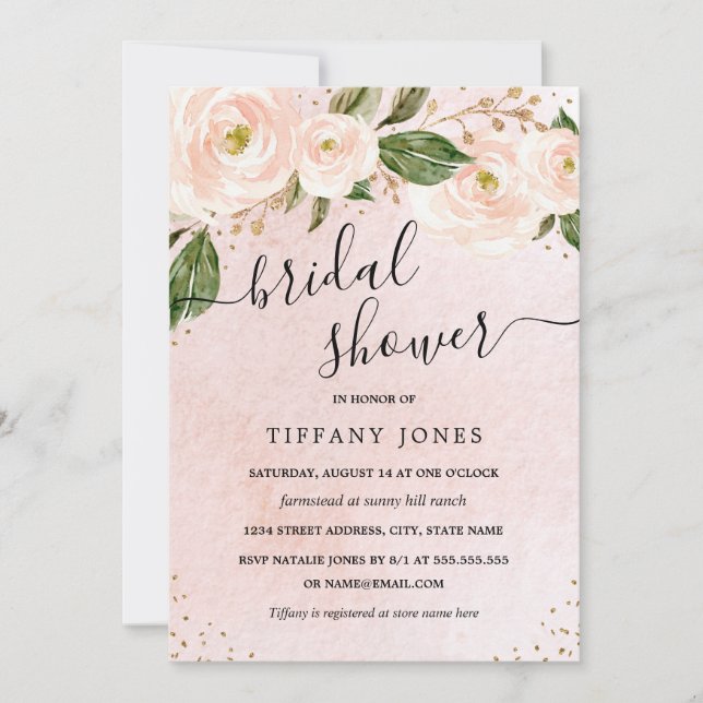 Blush Pink Gold Floral Bridal Shower Invitation (Front)