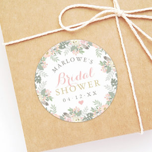 Blush Pink Gold Floral Bridal Shower Monogram Classic Round Sticker