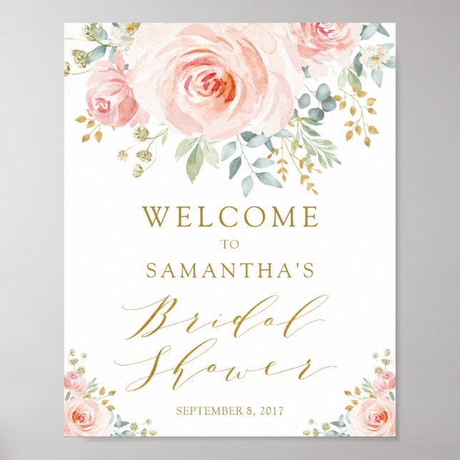 Blush Pink Gold Floral Bridal Shower Welcome Poster (Front)