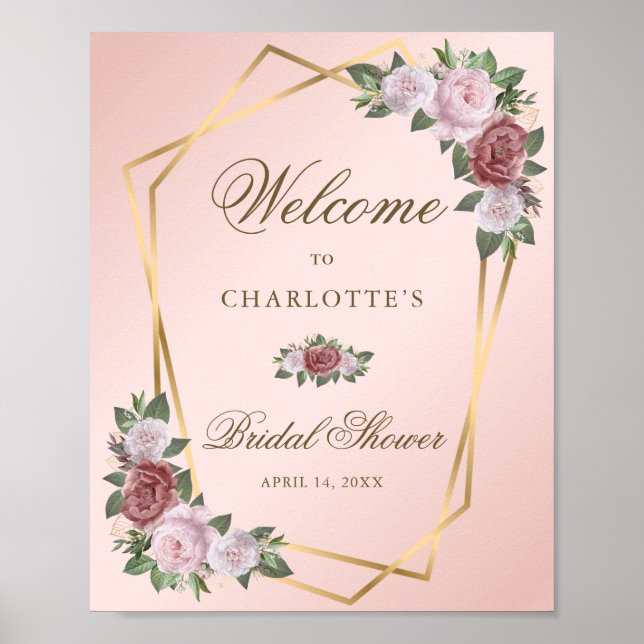 Blush Pink Gold Floral Bridal Shower Welcome Sign (Front)