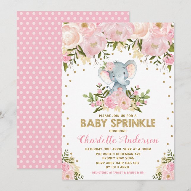 Blush Pink Gold Floral Elephant Girl Baby Sprinkle Invitation (Front/Back)