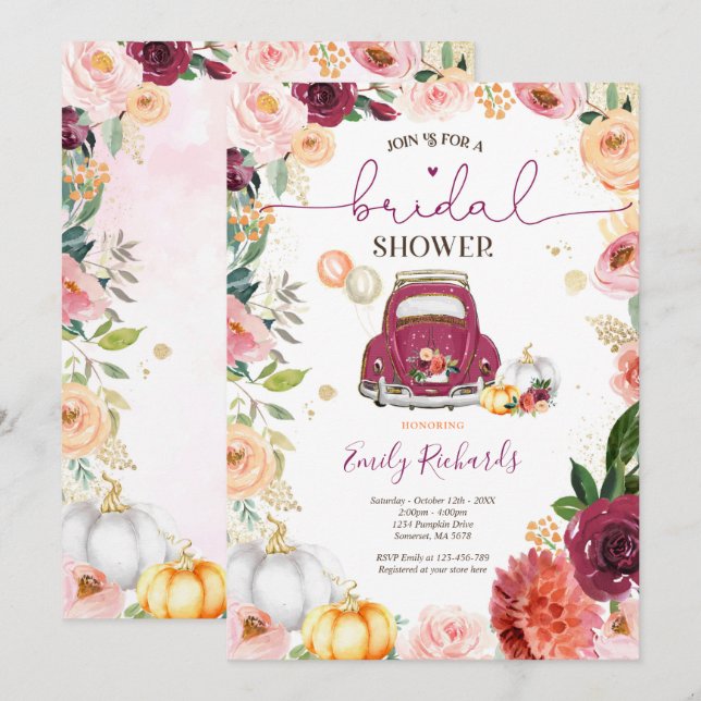 Blush Pink Gold Floral Fall Pumpkin Bridal Shower Invitation (Front/Back)