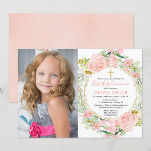 Blush pink gold floral First Holy Communion photo Invitation