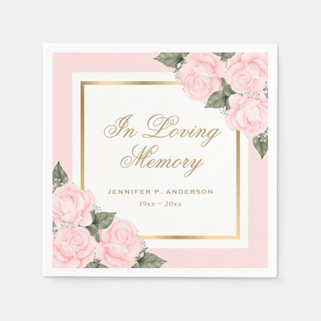 Blush Pink Gold Floral Funeral Memorial Napkin (Front)