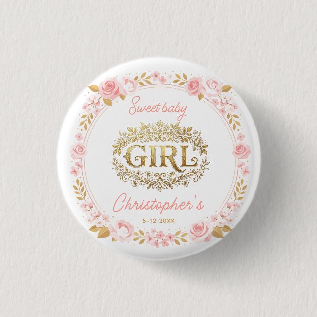 Blush Pink & Gold Floral Girl Baby Shower 3 Cm Round Badge (Front)