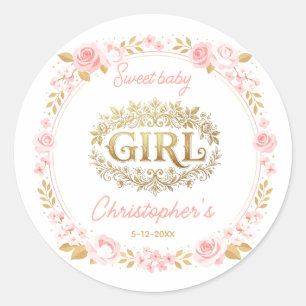 Blush Pink & Gold Floral Girl Baby Shower Classic Round Sticker
