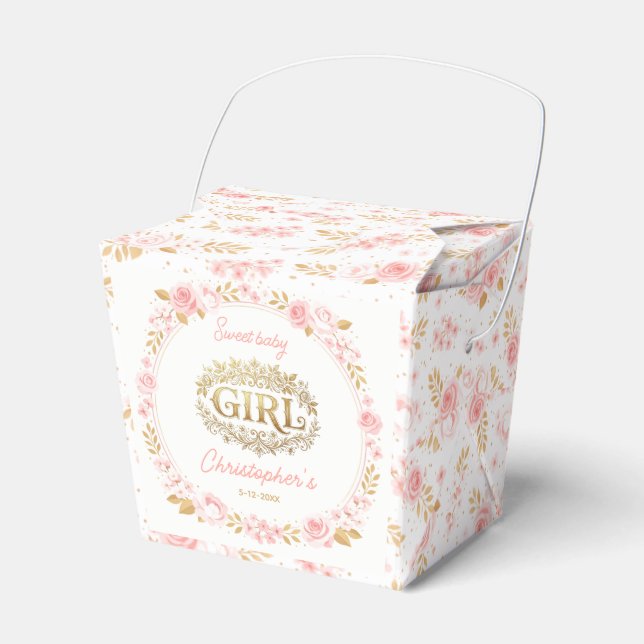 Blush Pink & Gold Floral Girl Baby Shower Favour Box (Front Side)