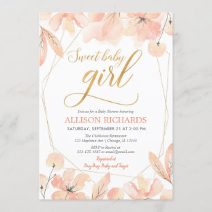 Blush pink gold floral girl baby shower invitation