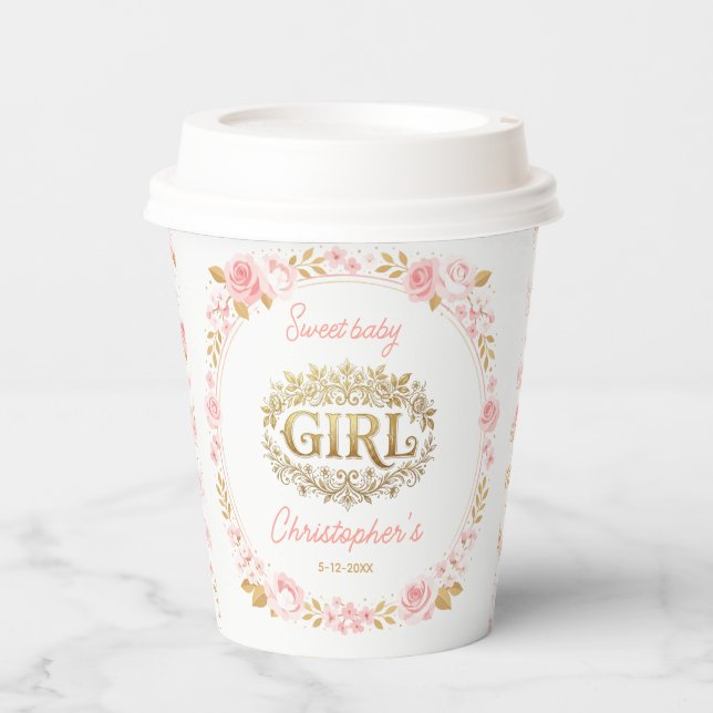 Blush Pink & Gold Floral Girl Baby Shower Paper Cups (Front)