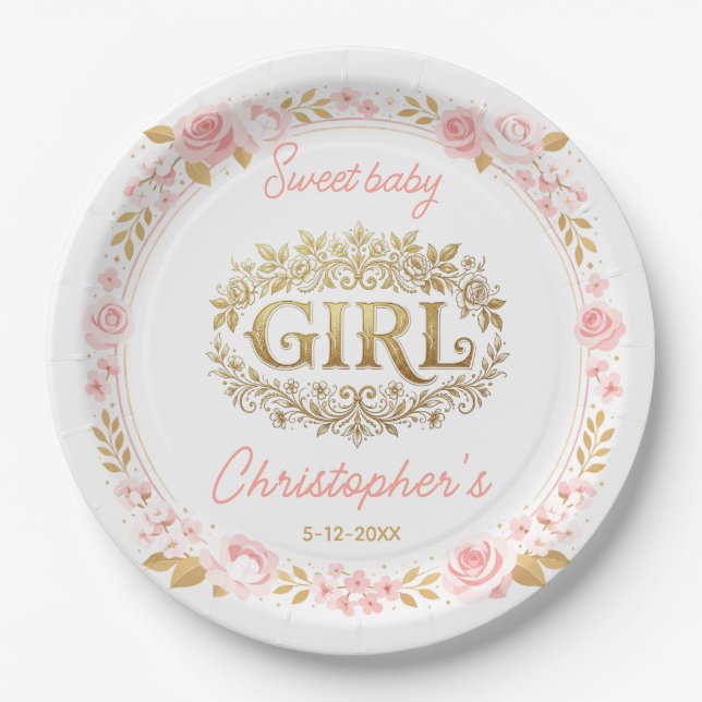 Blush Pink & Gold Floral Girl Baby Shower Paper Plate (Front)