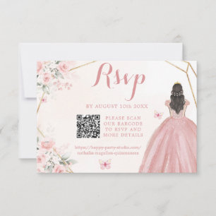Blush Pink Gold Floral Girl Charra XV Años QR RSVP Card