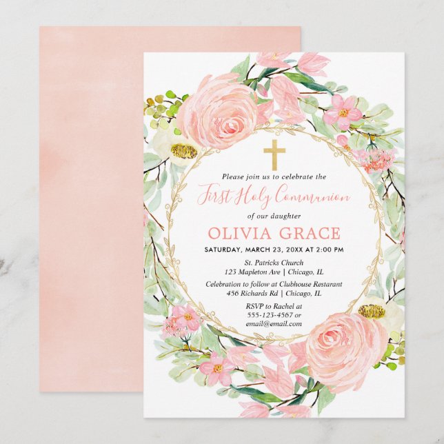 Blush pink gold floral girl First Holy Communion Invitation (Front/Back)