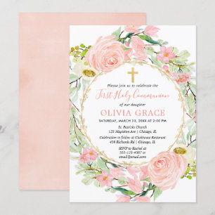 Blush pink gold floral girl First Holy Communion Invitation