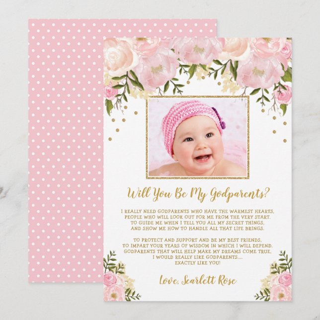 Blush Pink Gold Floral Godparents Proposal Card (Front/Back)
