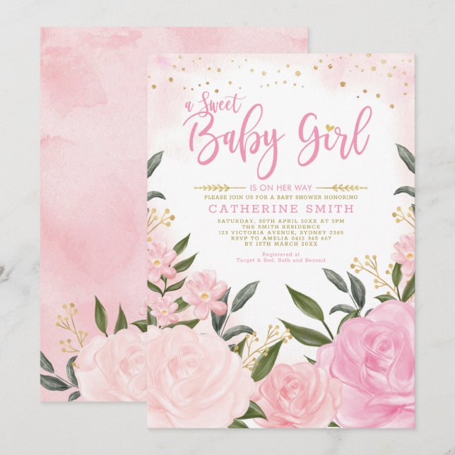 Blush Pink Gold Floral Greenery Girl Baby Shower Invitation (Front/Back)