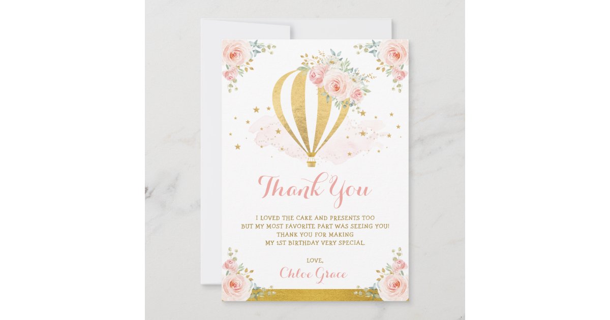 Blush Pink Gold Floral Hot Air Balloon Birthday Thank You Card | Zazzle