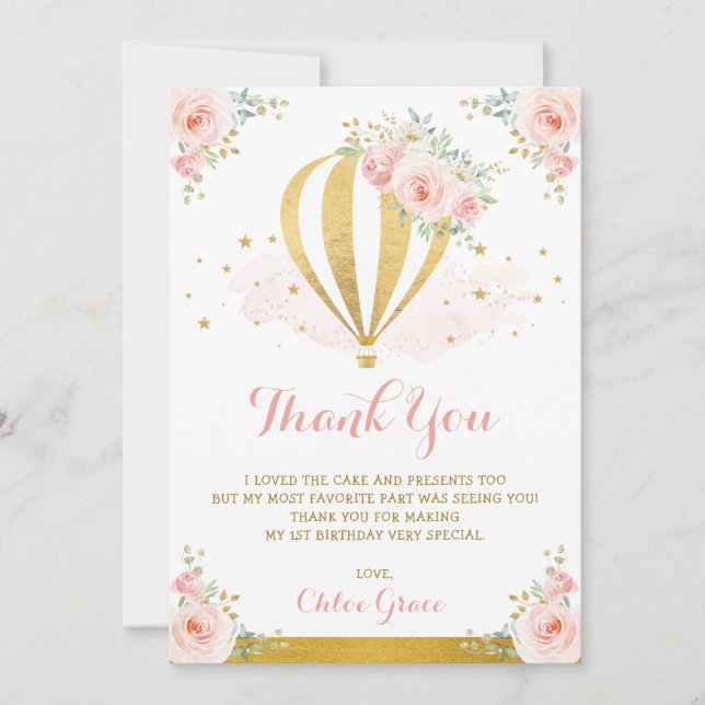 Blush Pink Gold Floral Hot Air Balloon Birthday Thank You Card (Front)