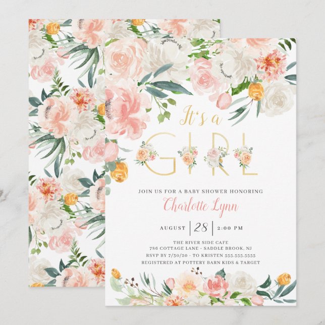 Blush Pink Gold Floral It's A Girl Baby Shower Invitation (Front/Back)