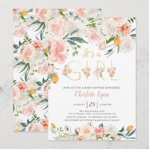 Blush Pink Gold Floral It's A Girl Baby Shower Invitation