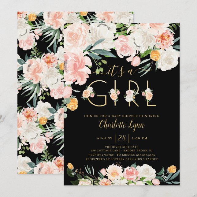 Blush Pink Gold Floral It's A Girl Baby Shower Invitation (Front/Back)