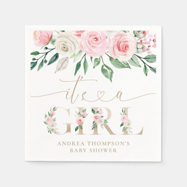 Blush Pink Gold Floral It's A Girl Baby Shower Napkin (Front)