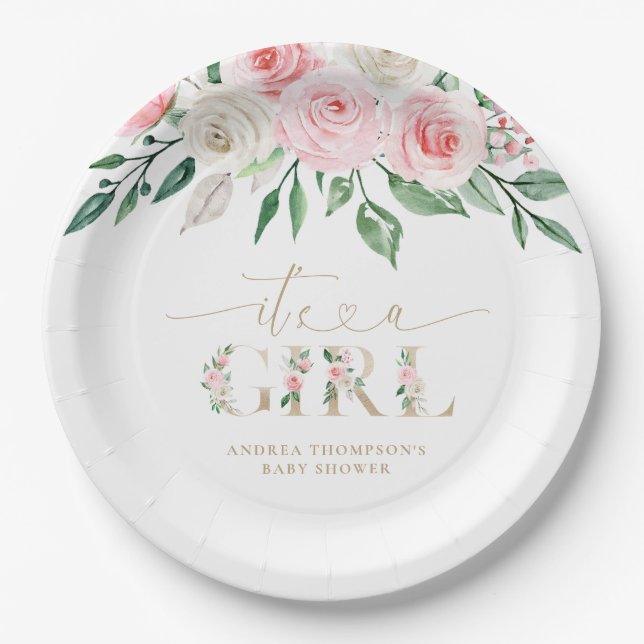 Blush Pink Gold Floral It's A Girl Baby Shower Paper Plate (Front)
