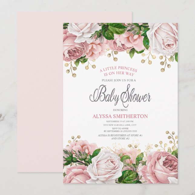 Blush Pink Gold Floral Little Girl Baby Shower Invitation (Front/Back)