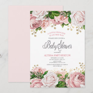 Blush Pink Gold Floral Little Girl Baby Shower Invitation