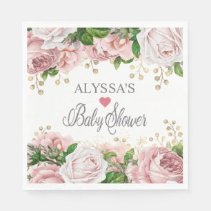 Blush Pink Gold Floral Little Girl Baby Shower  Napkin