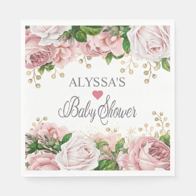 Blush Pink Gold Floral Little Girl Baby Shower  Napkin (Front)
