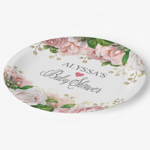 Blush Pink Gold Floral Little Girl Baby Shower   Paper Plate