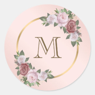 Blush Pink Gold Floral Monogram Initial Classic Ro Classic Round Sticker