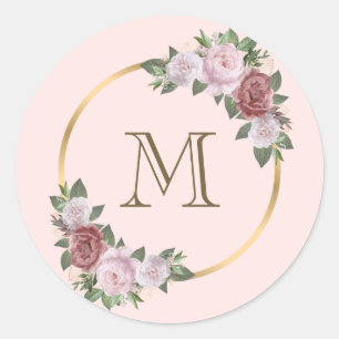Blush Pink Gold Floral Monogram Initial Classic Round Sticker