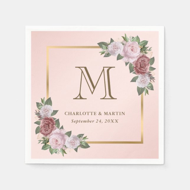 Blush Pink Gold Floral Monogram Wedding Napkin (Front)